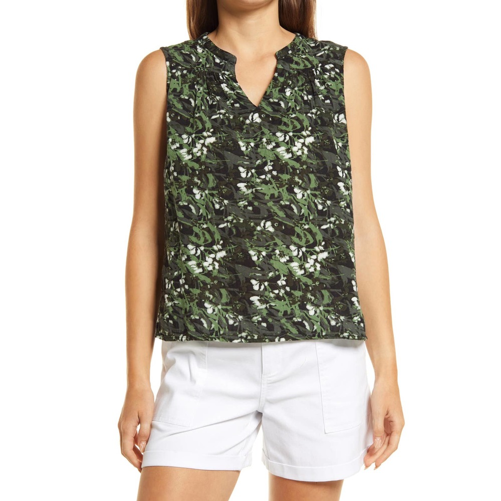 Caslon Green- Black Camo Floral Gathered A-Line Tank NWT Size Small